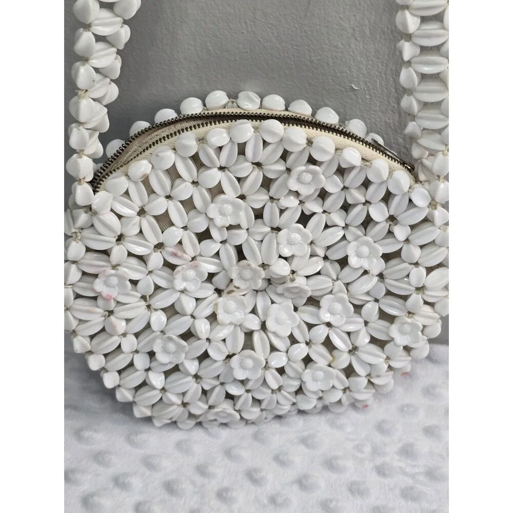 Lady Ellen Vintage White Beaded Purse Handbag White Flower Beads Round Bag Read